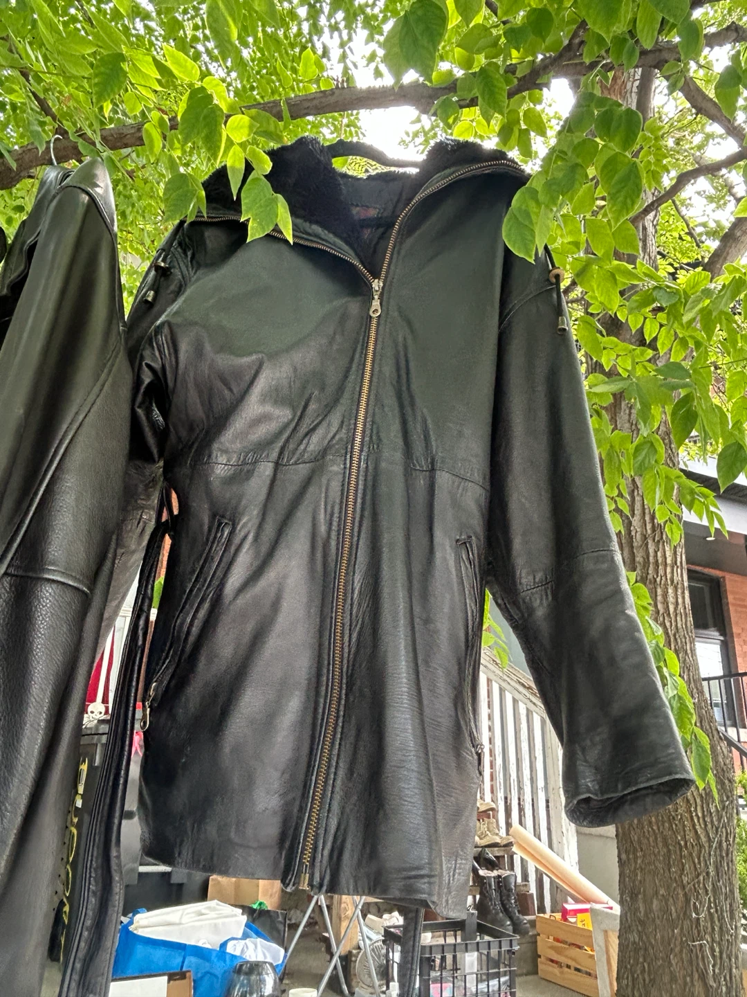 Black Leather Trench Coat with Fur Collar - photo 4