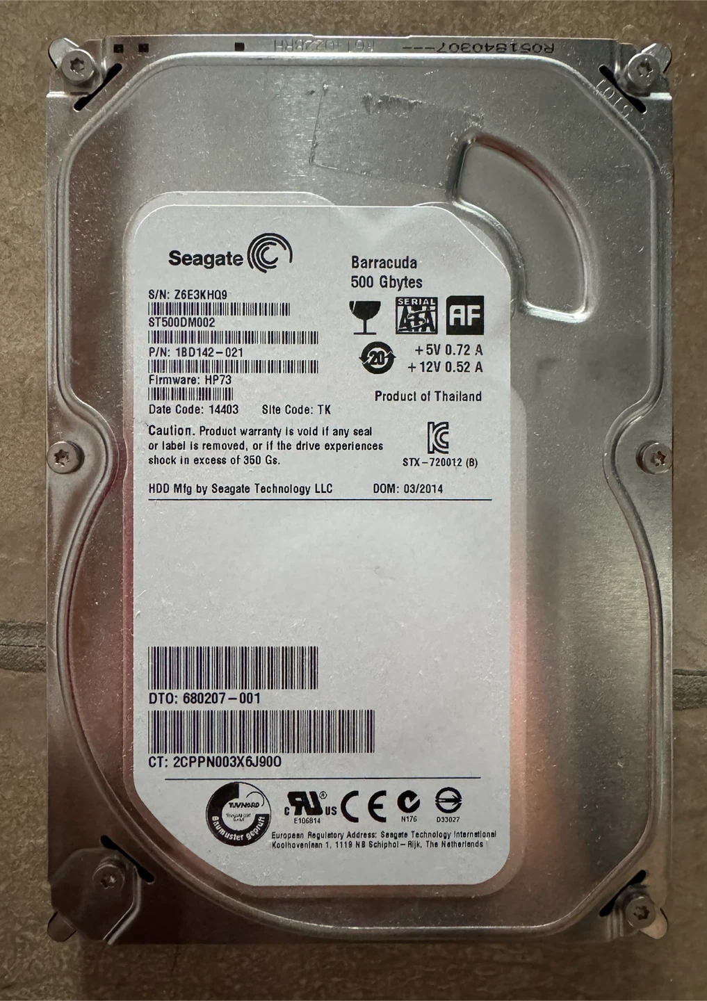 500GB 3.5” SATA Hard Drive