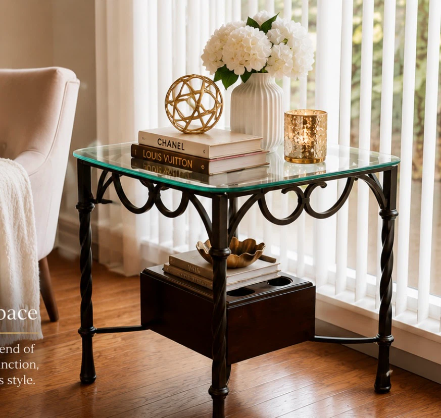 Glass and Wrought Iron End Table