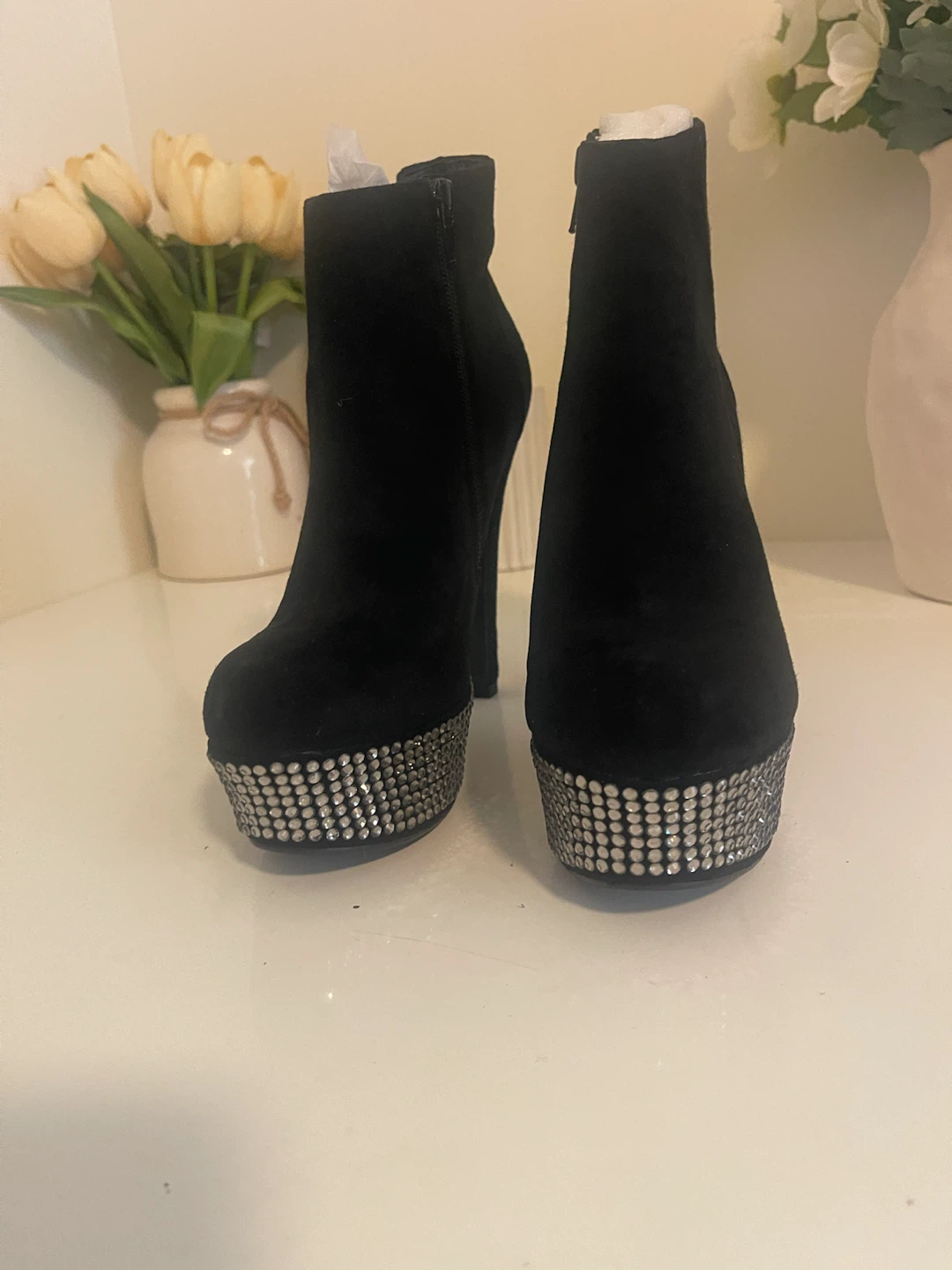 Black Platform Ankle Boots with Rhinestone Embellishments