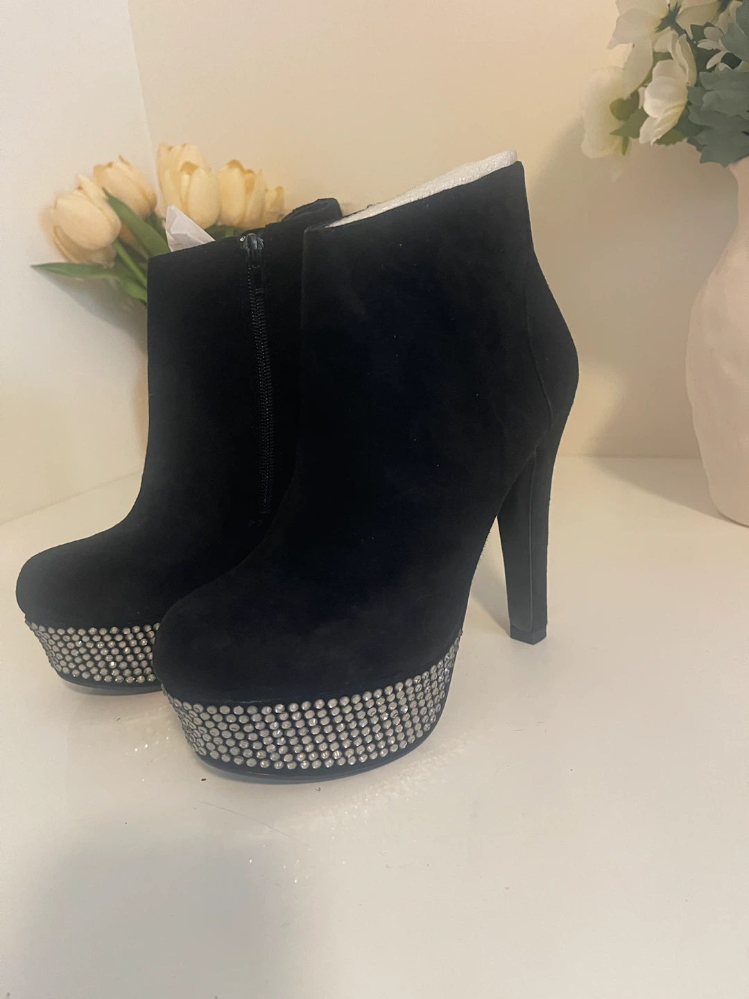 Black Platform Ankle Boots with Rhinestone Embellishments - photo 2