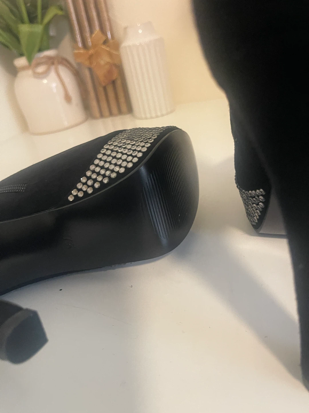 Black Platform Ankle Boots with Rhinestone Embellishments - photo 3