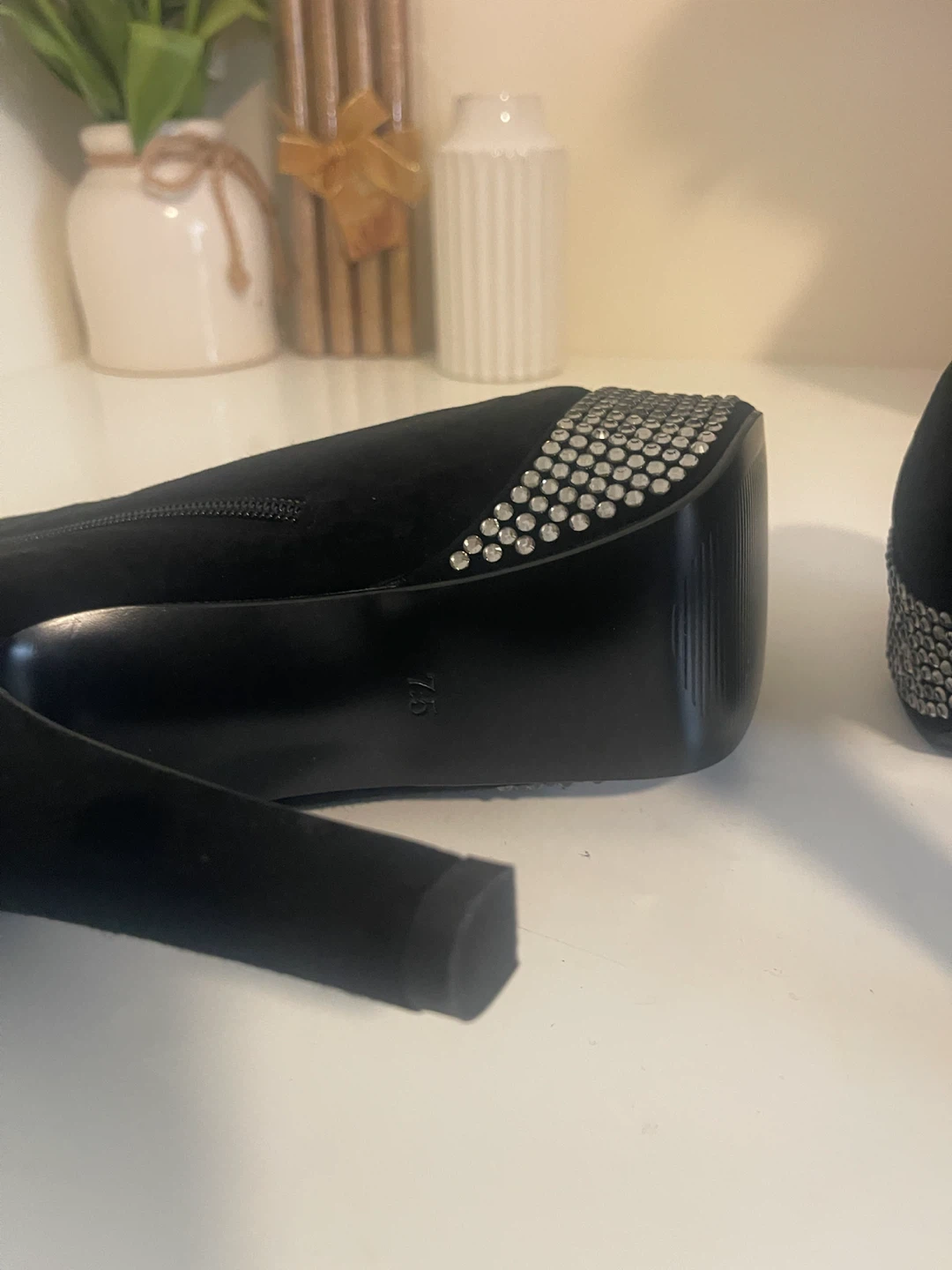 Black Platform Ankle Boots with Rhinestone Embellishments - photo 4