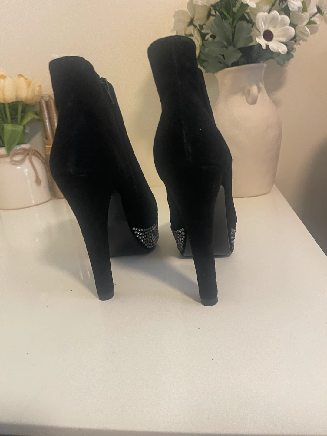 Black Platform Ankle Boots with Rhinestone Embellishments - photo 5
