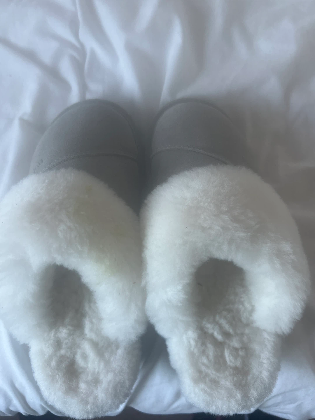 Grey Sheepskin Slippers with White Fur Trim