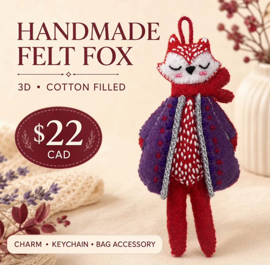 Handmade Felt Fox Charm - 4.5 in