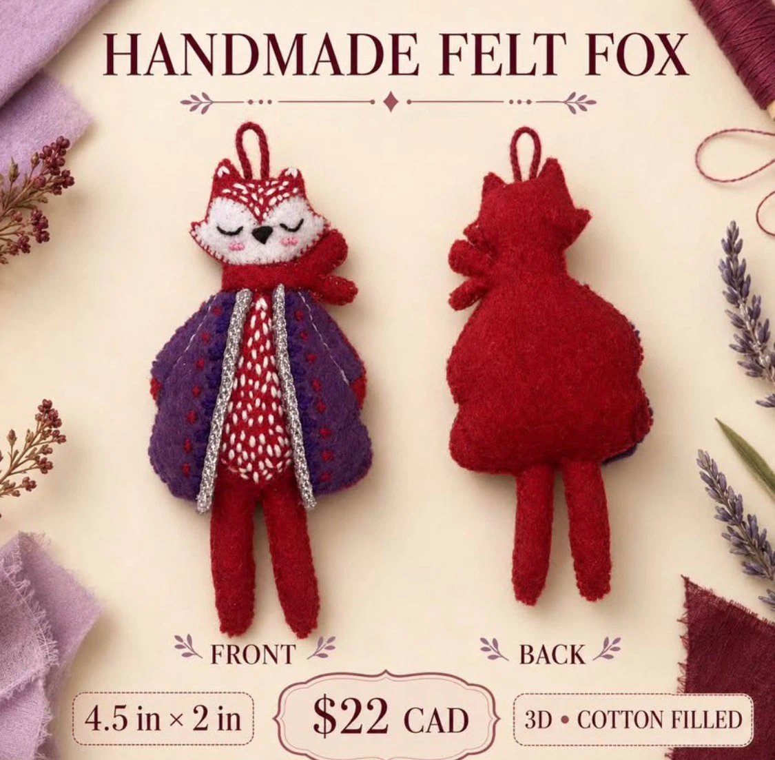Handmade Felt Fox Charm - 4.5 in - photo 2