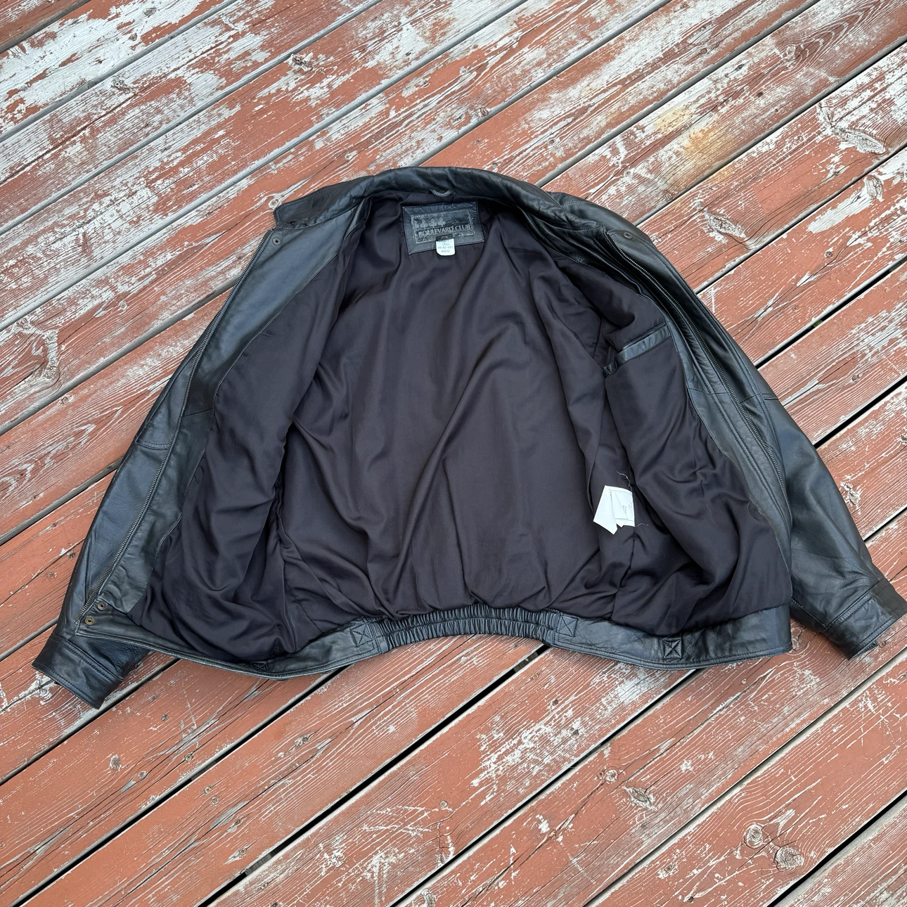 1990s Vintage Boulevard Club Black Leather Bomber Jacket LT - photo 5