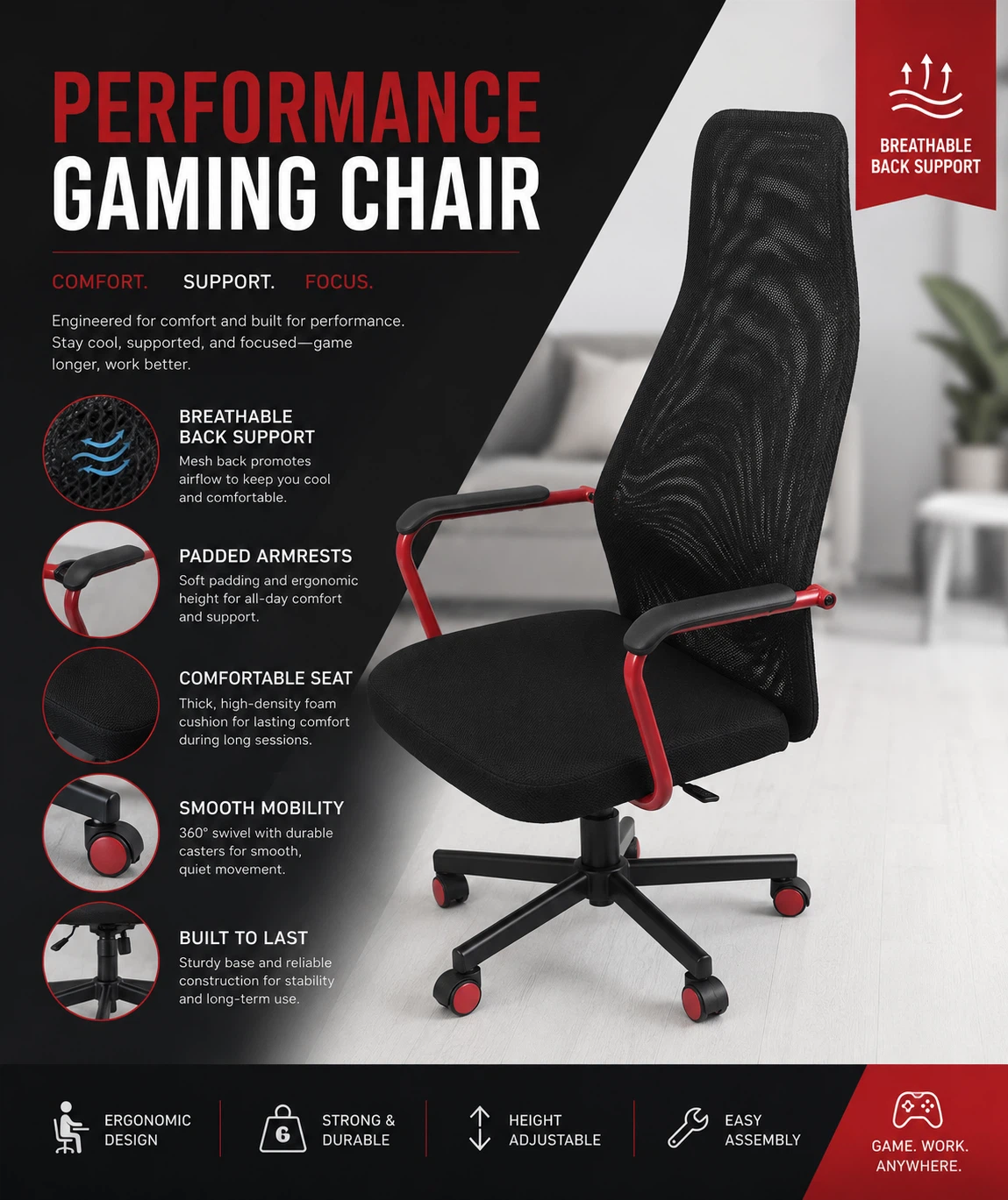 Black breathable Gaming Chair