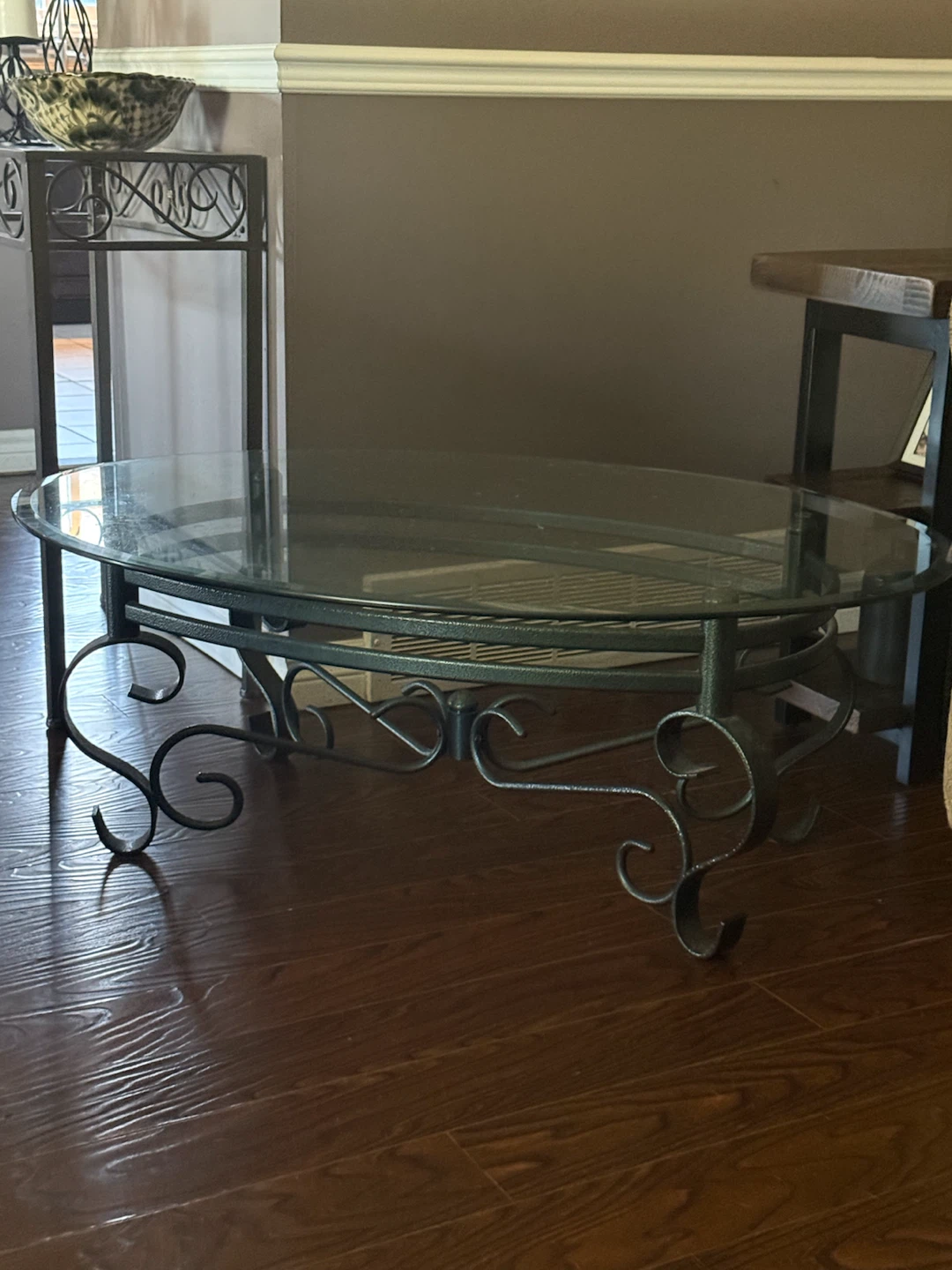 Glass Top Coffee Table with Ornate Metal Base