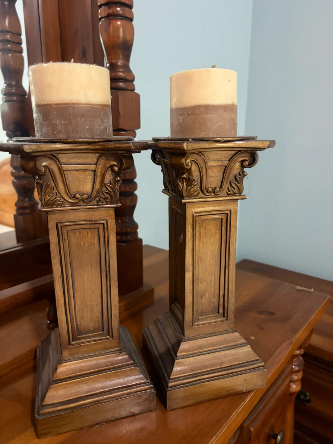Ornate Wooden Pillar Candle Holders (Set of 2)
