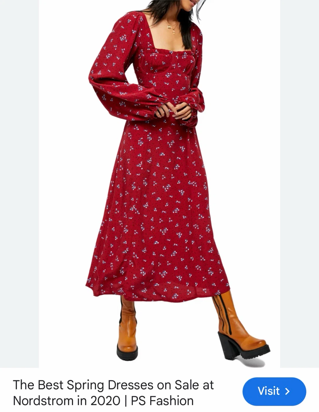 Free People Red Floral Long Sleeve Midi Dress