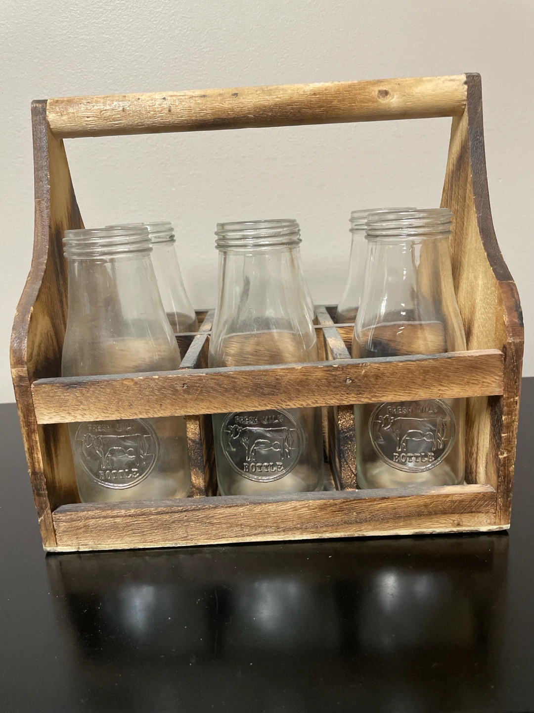 Rustic Wooden Caddy with 6 Vintage Milk Bottles