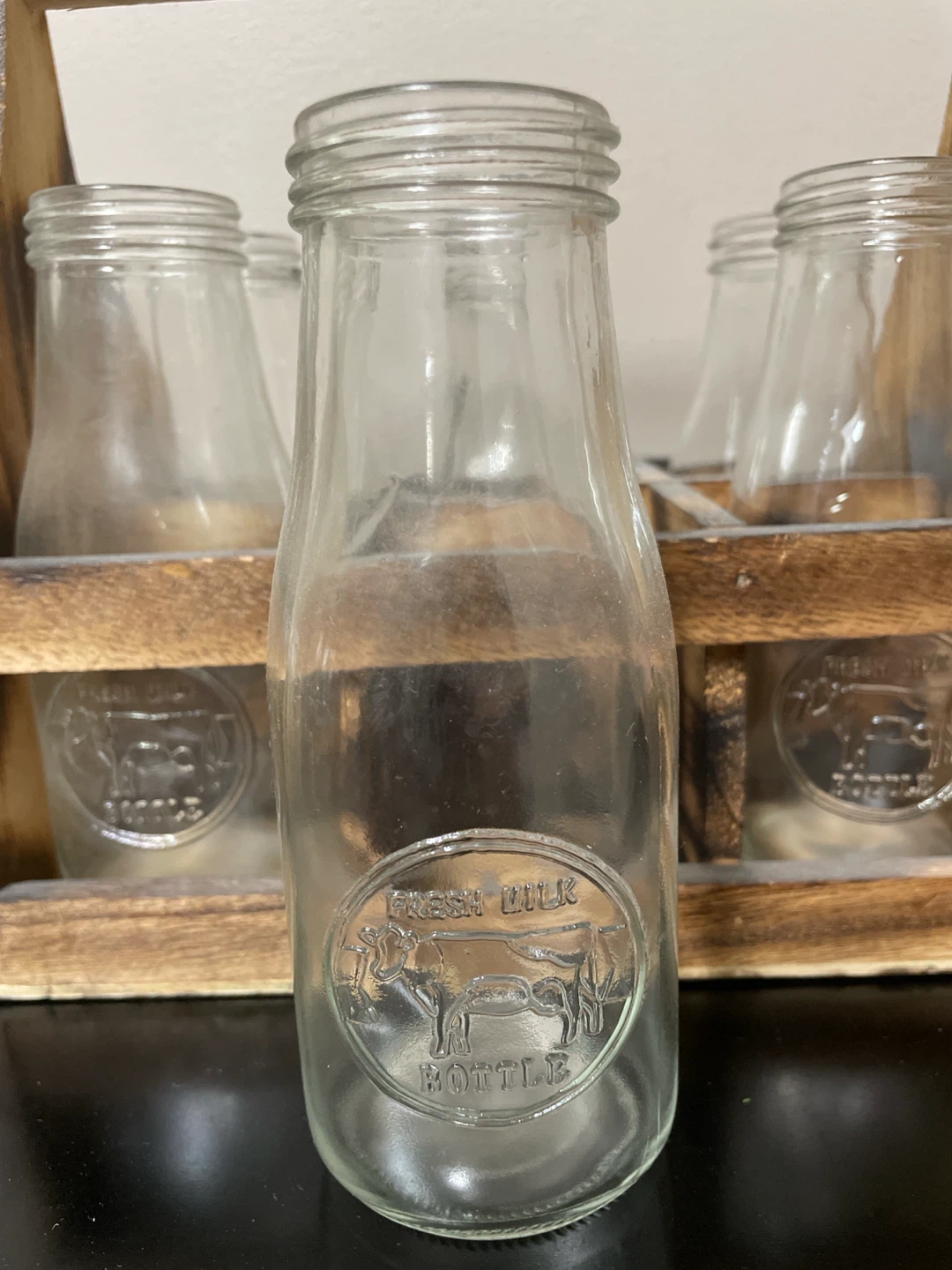 Rustic Wooden Caddy with 6 Vintage Milk Bottles - photo 4
