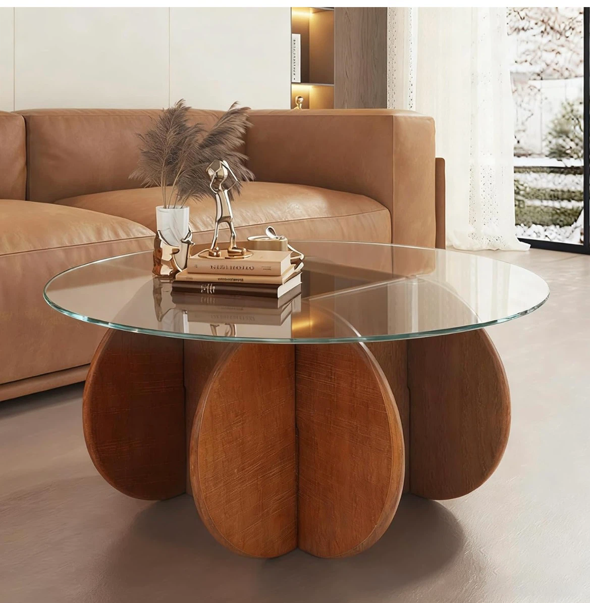 Round Glass Coffee Table with Wood Base