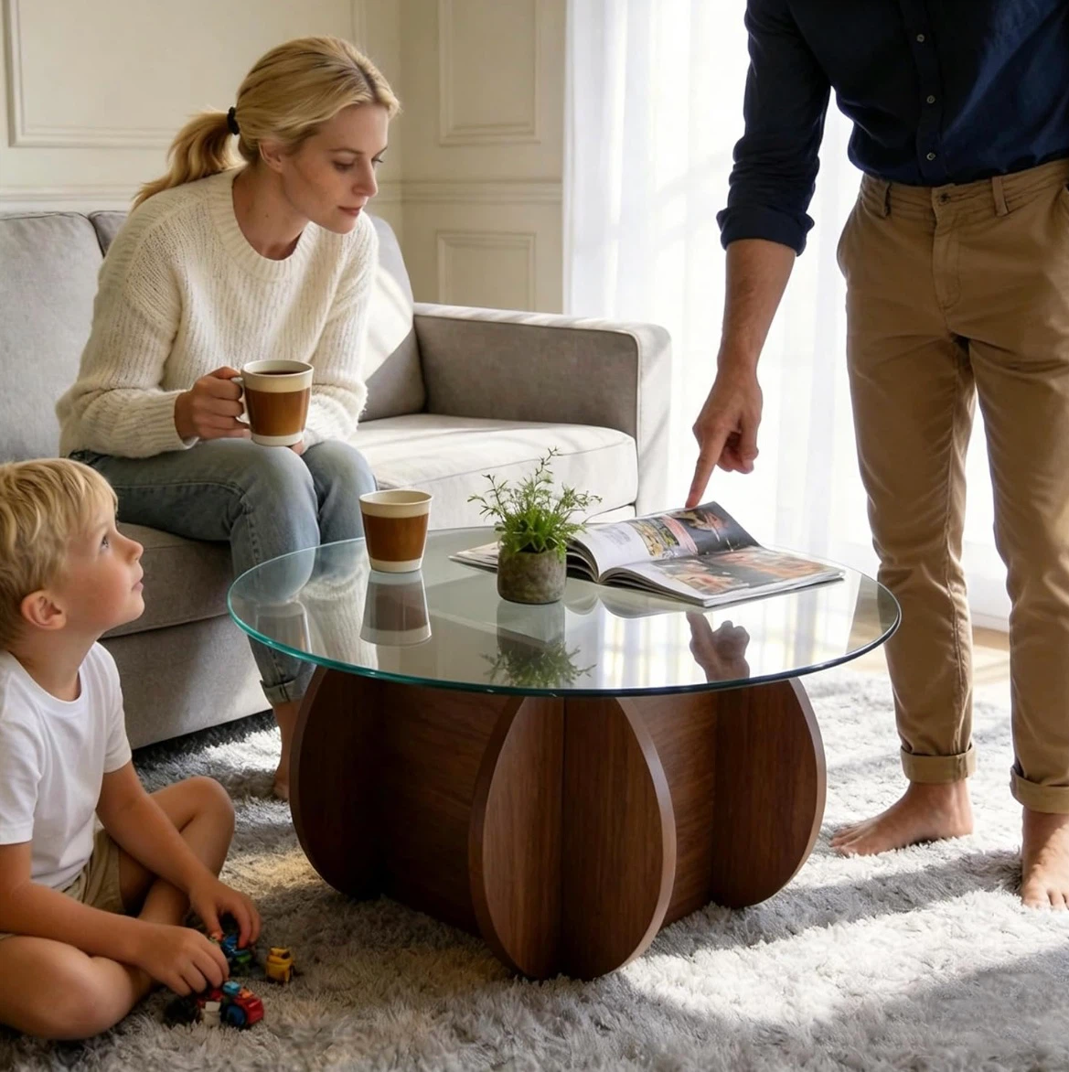 Round Glass Coffee Table with Wood Base - photo 4