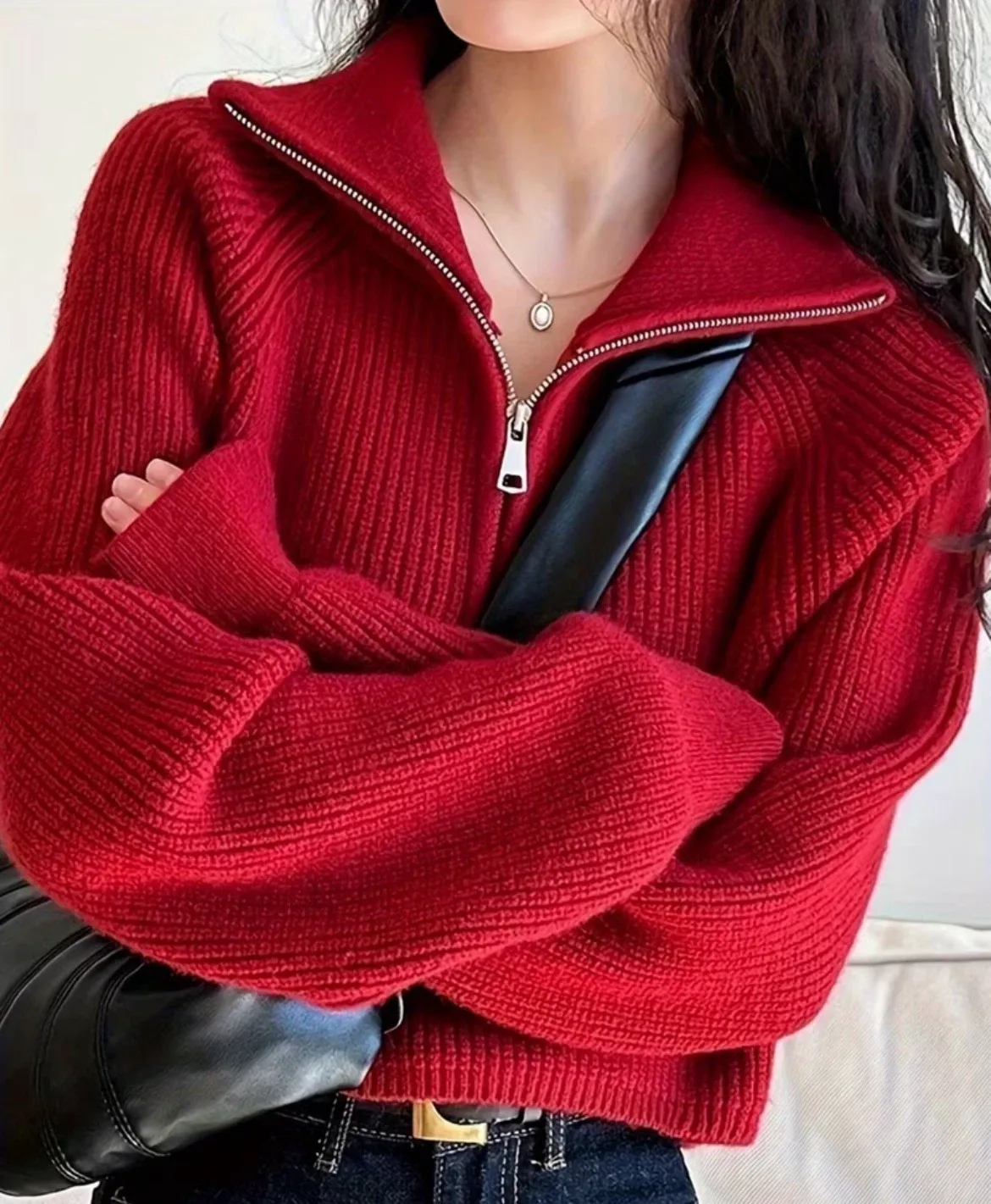 Red Collared Zip-Up Knit Sweater