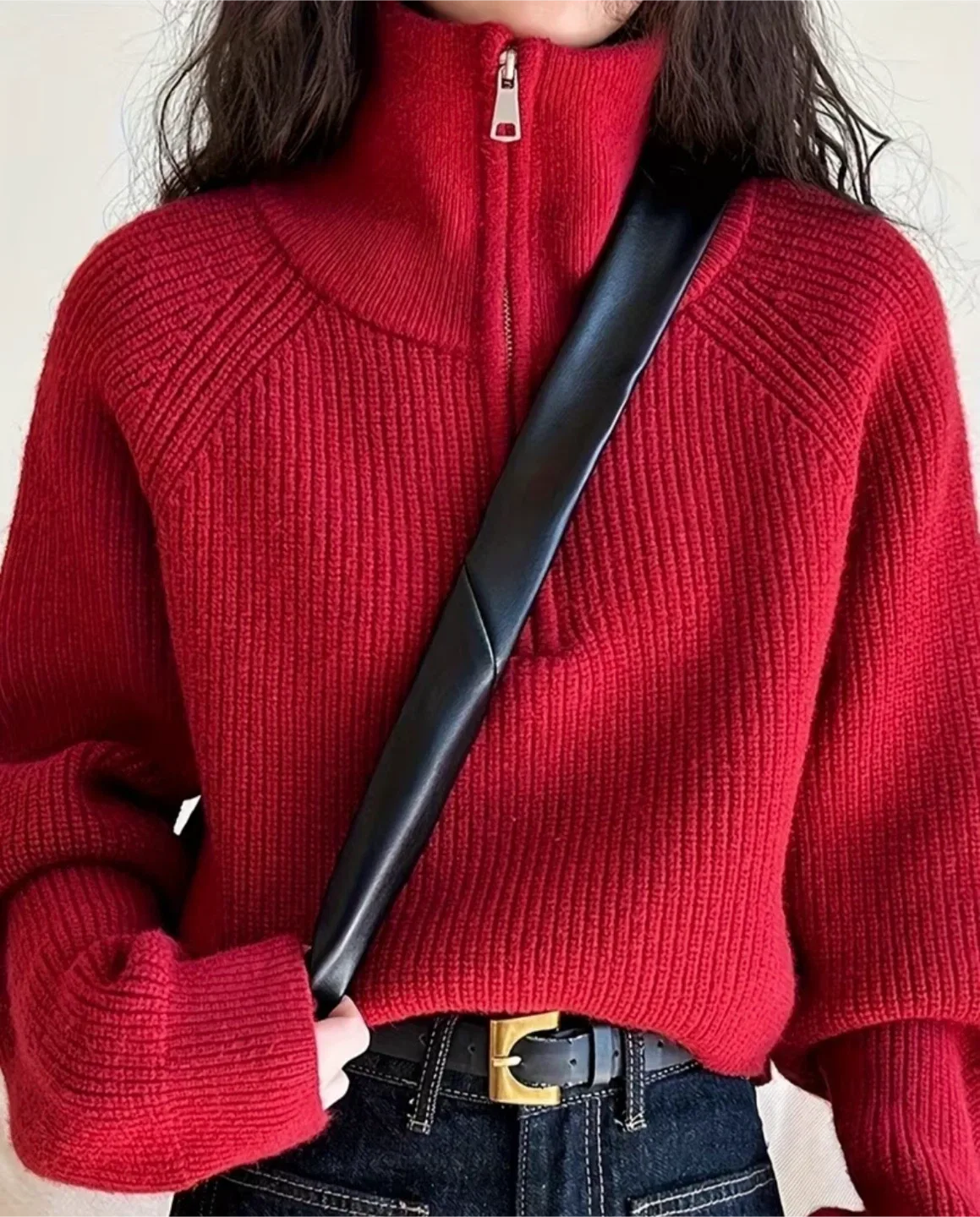 Red Collared Zip-Up Knit Sweater - photo 2