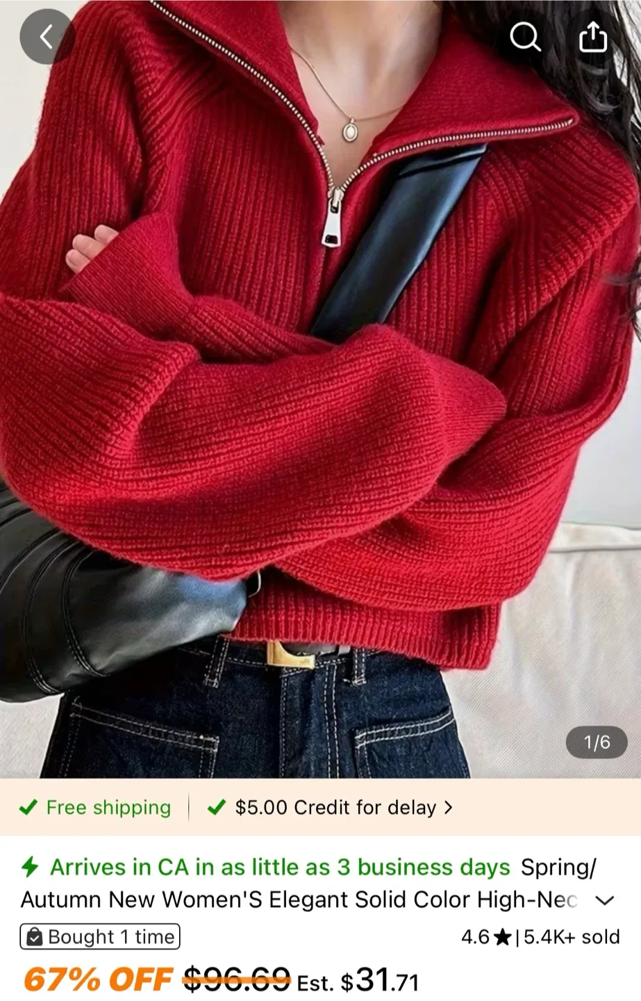 Red Collared Zip-Up Knit Sweater - photo 3