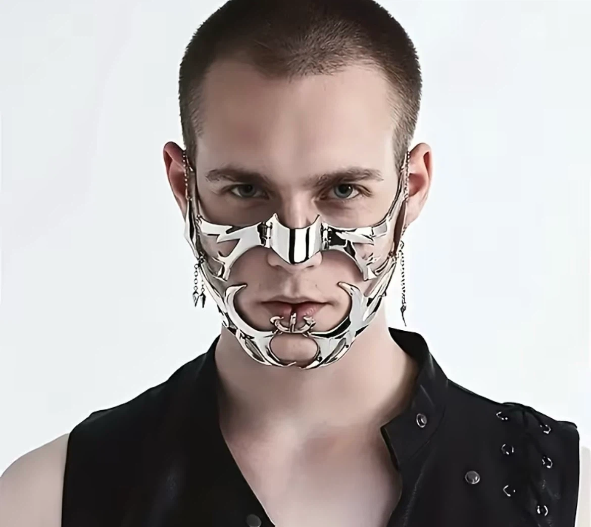Silver Metal Face Mask Chain Accessory