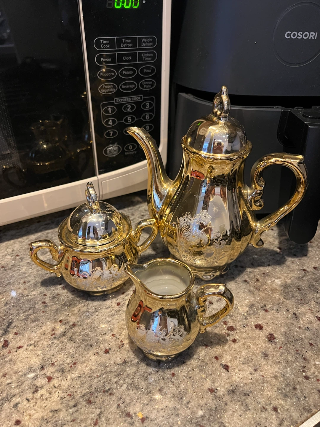 Gold Teapot, Sugar Bowl, and Creamer Set