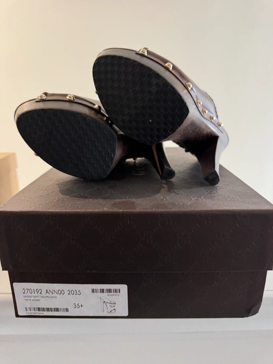 Gucci Brown Leather Clog Heels - Size 35
