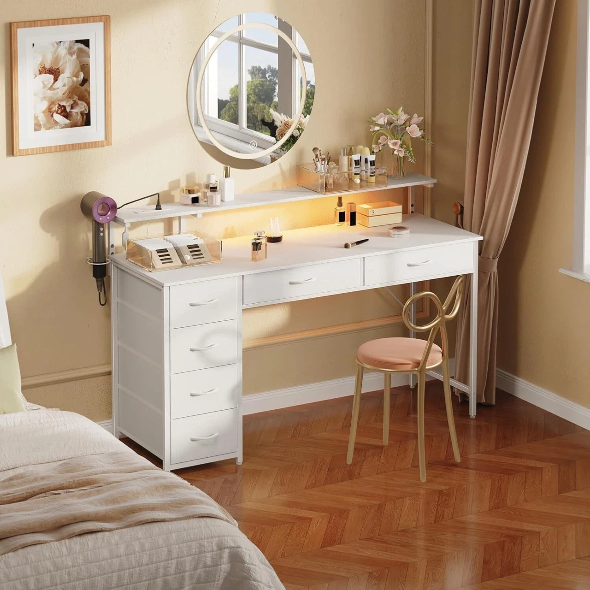 White Vanity Desk with Drawers and Shelf