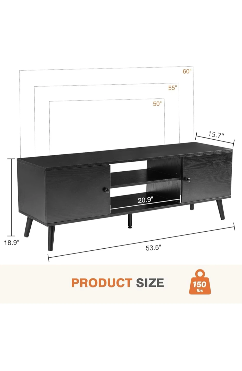 Black 2-Door TV Stand with Shelves - photo 2