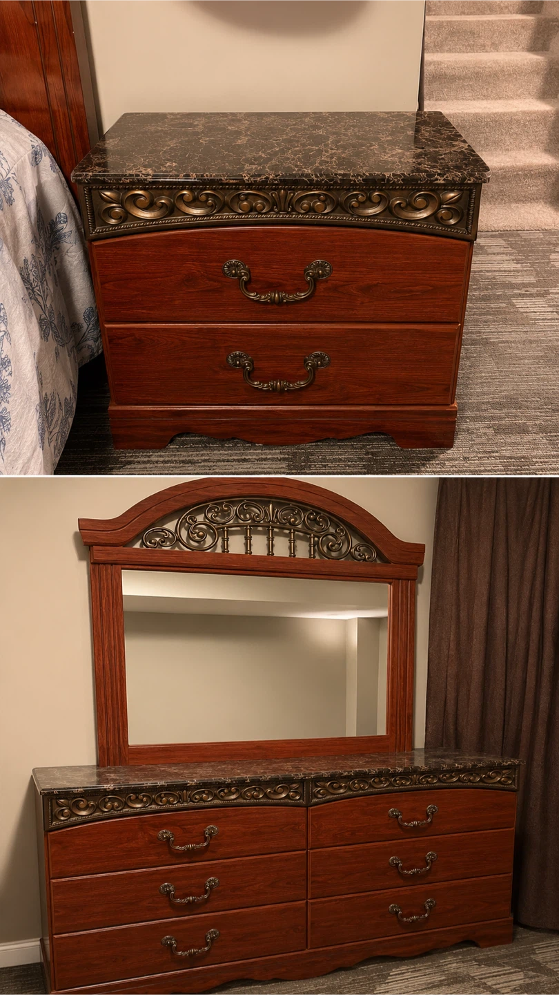 Cherry Wood Bedroom Set with Marble Tops - photo 3