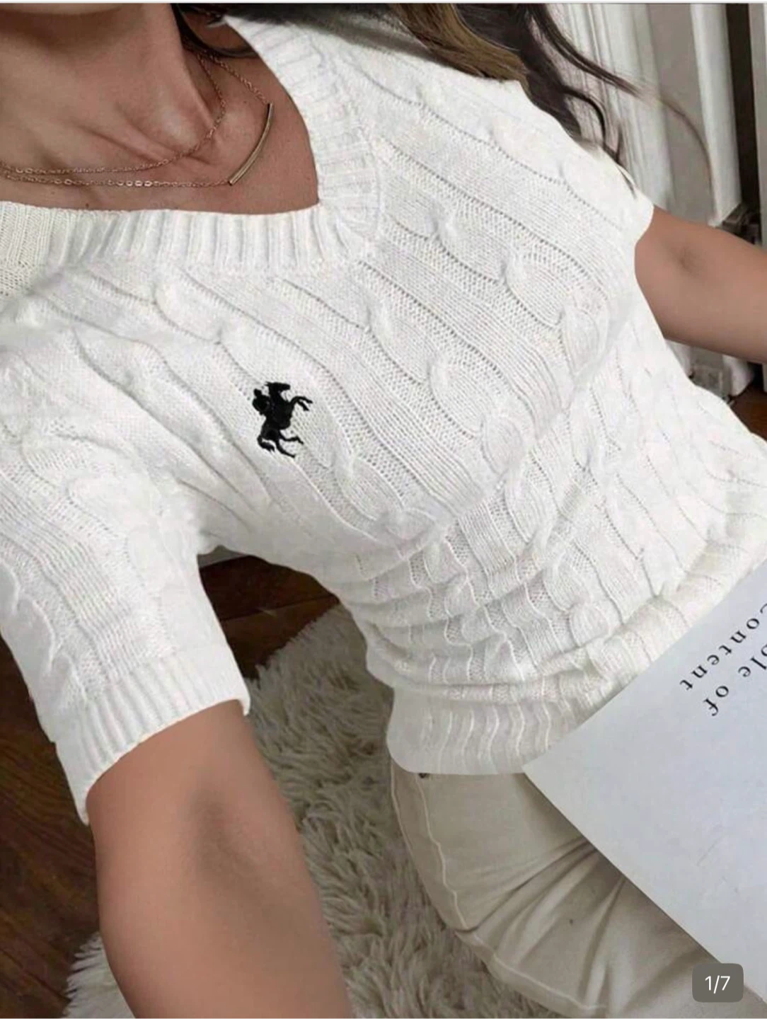 White Cable Knit Sweater with Embroidered Horse Logo