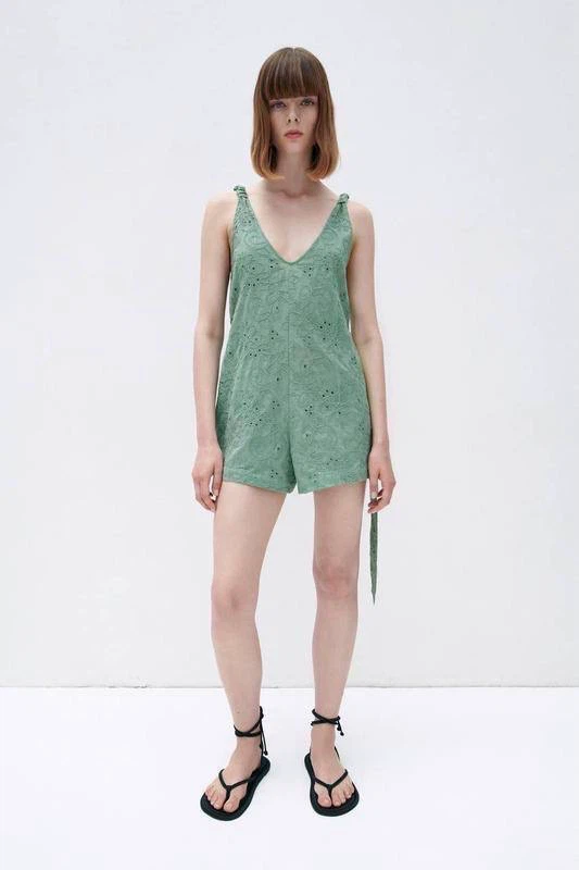 ZARA Green Embroidered Summer Jumpsuit – Size L - photo 2