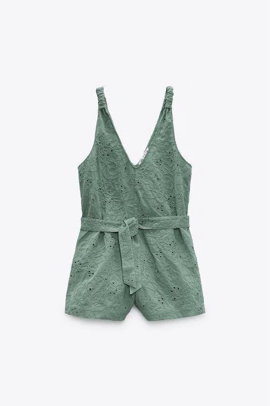 ZARA Green Embroidered Summer Jumpsuit – Size L - photo 4