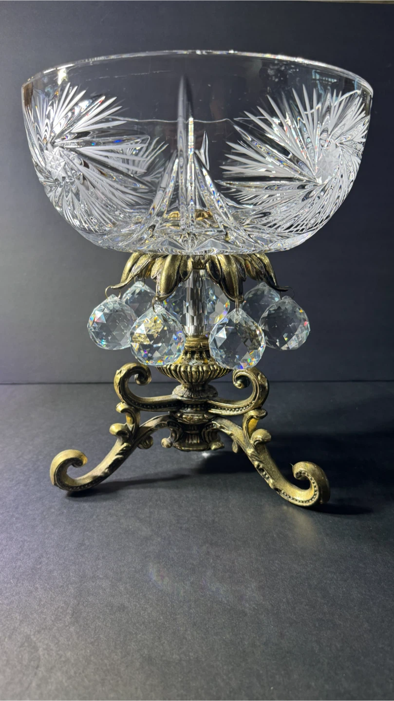 Vintage Crystal Bowl with Ornate Brass Stand