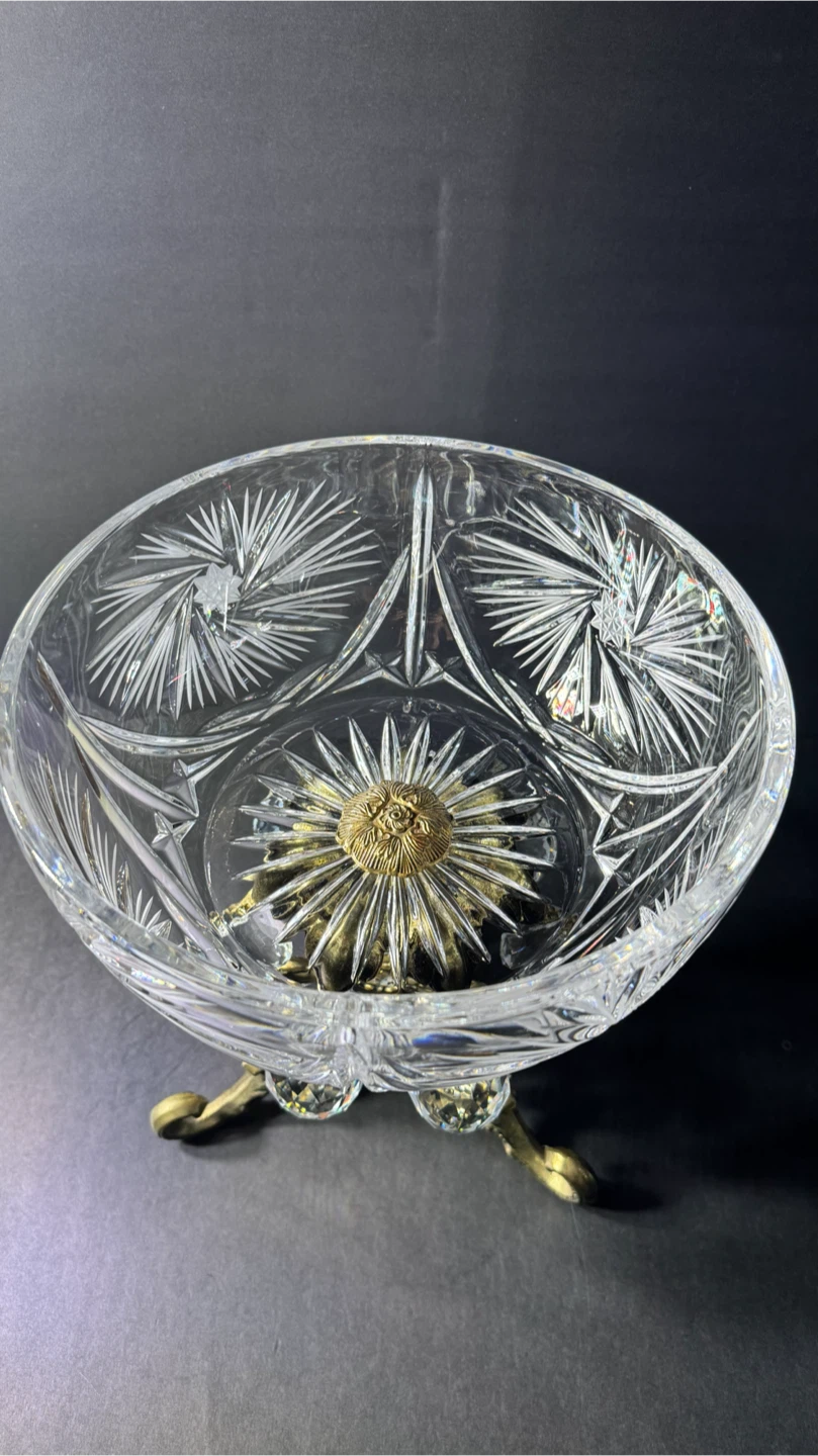 Vintage Crystal Bowl with Ornate Brass Stand - photo 3