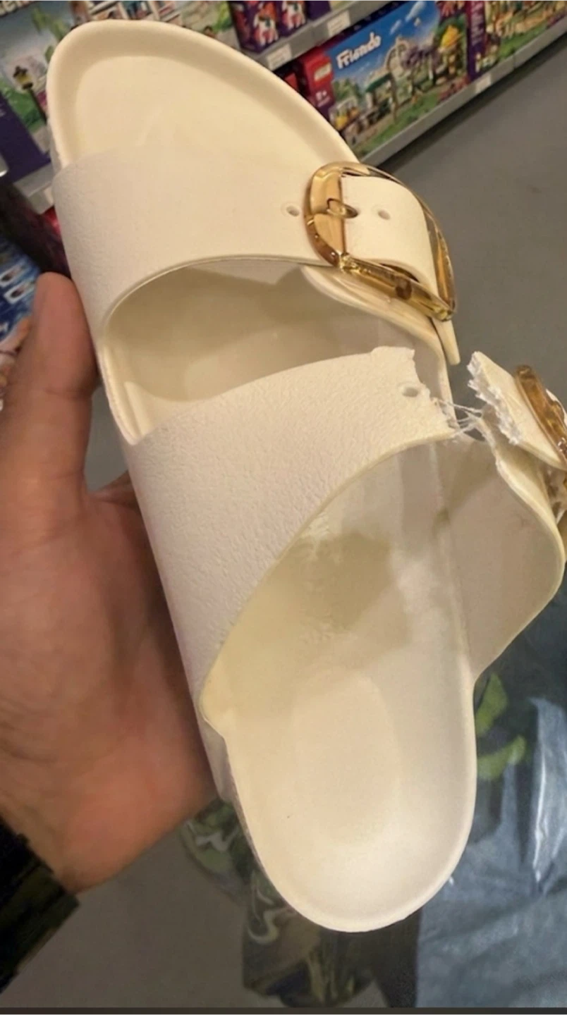 White Slip-On Sandals with Gold Buckle