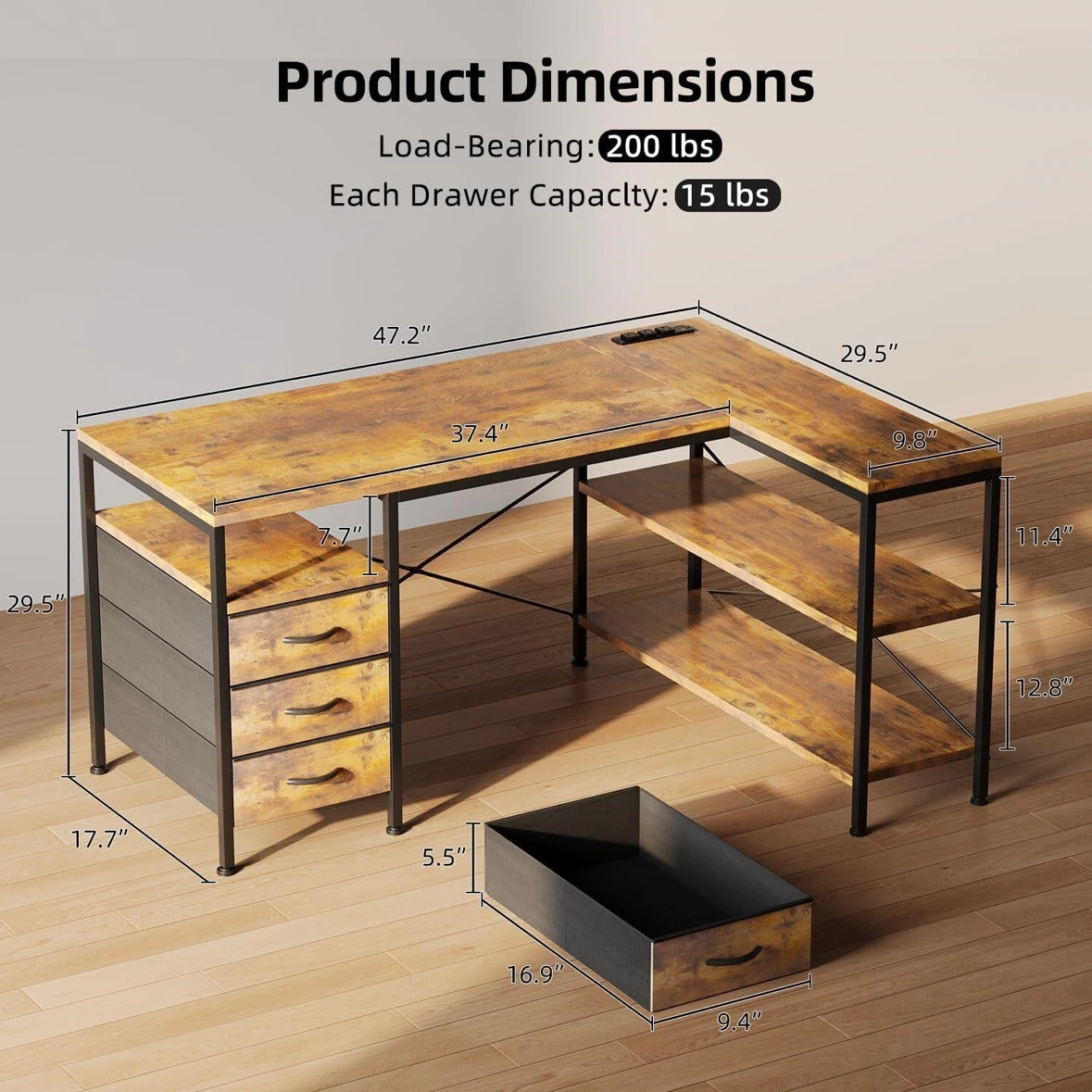L-Shaped Computer Desk with Shelves and Drawers