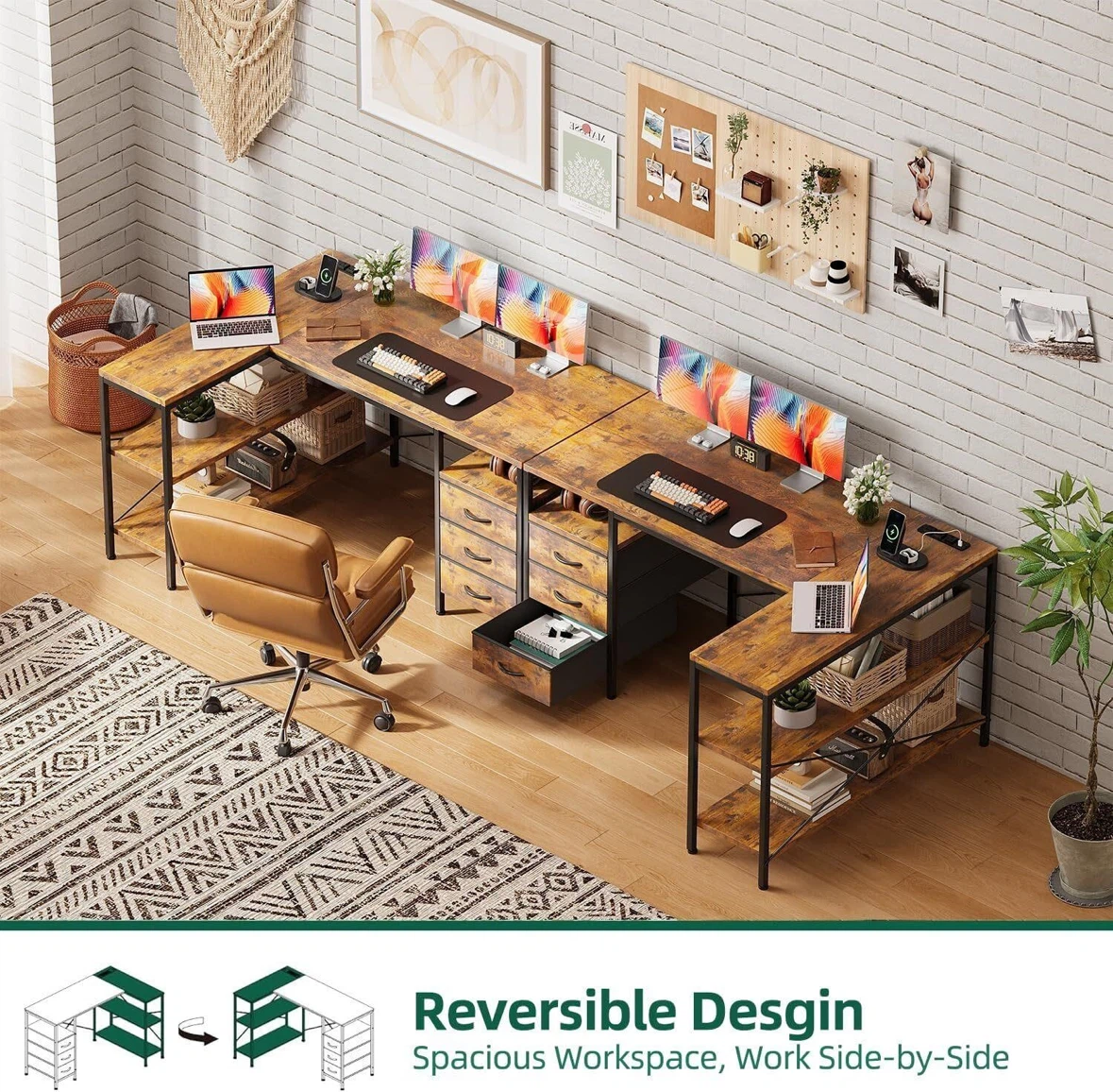 L-Shaped Computer Desk with Shelves and Drawers - photo 2