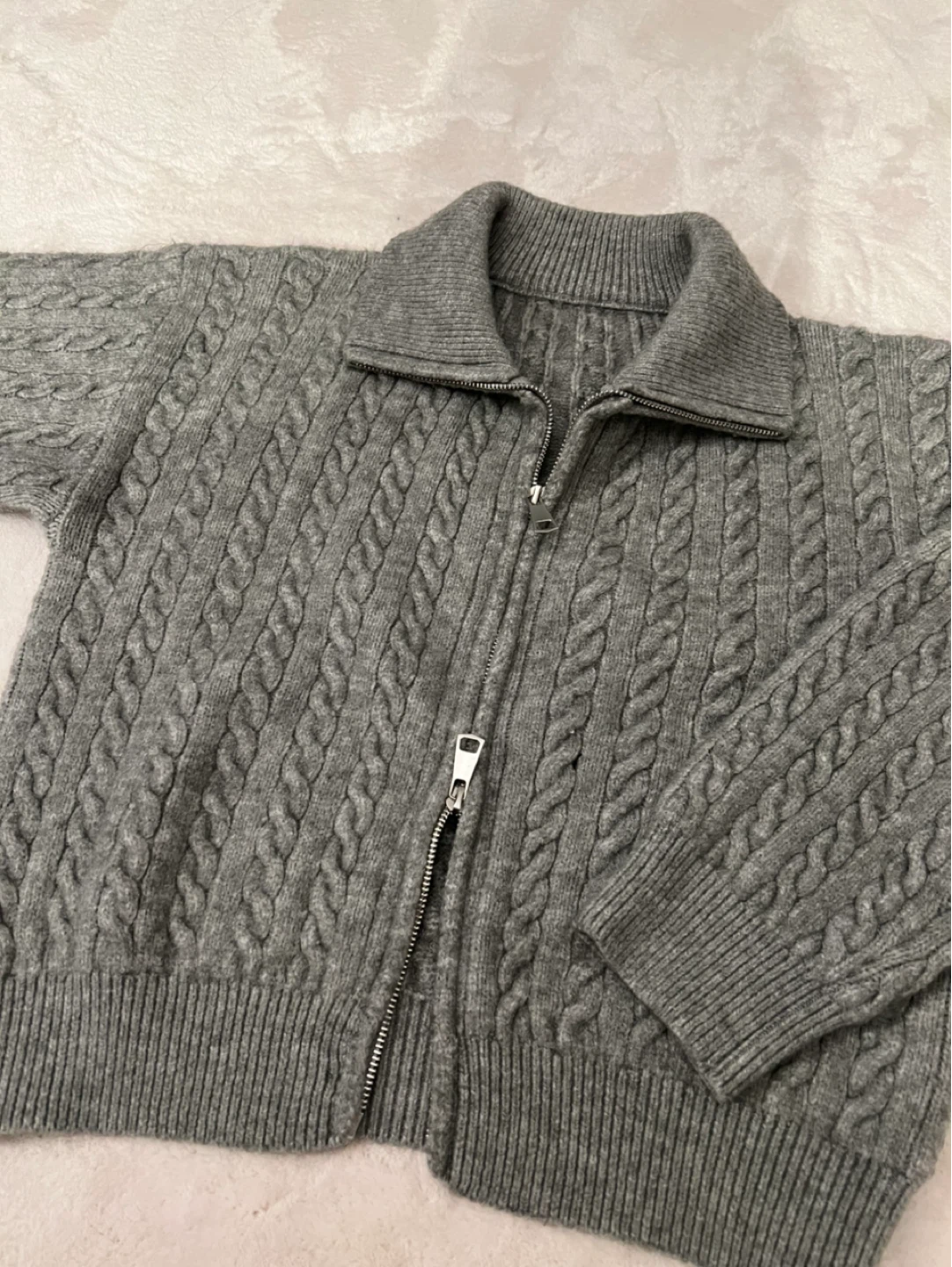 Grey Cable Knit Zip-Up Sweater