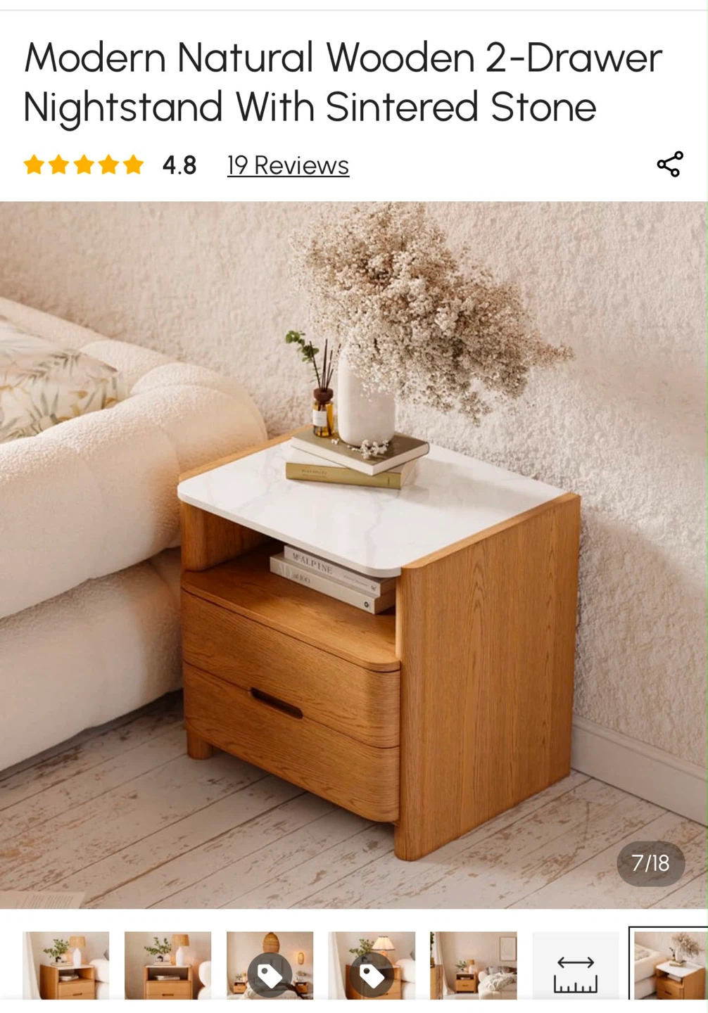 Modern Natural Wooden 2-Drawer Nightstand With Sintered Stone - photo 2