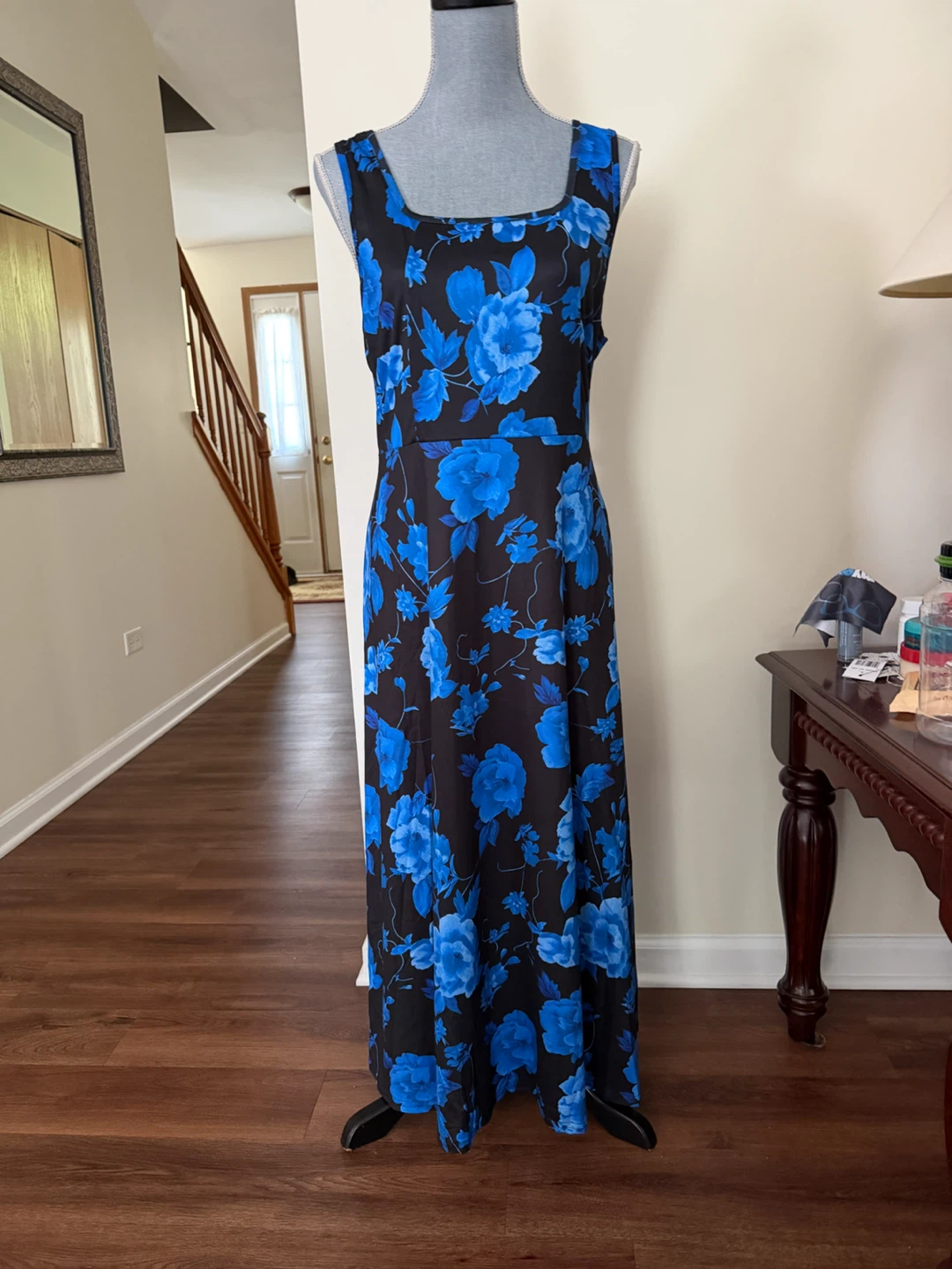 Maxi Dress Floral Print Blue Black Sleeveless Women's XXL