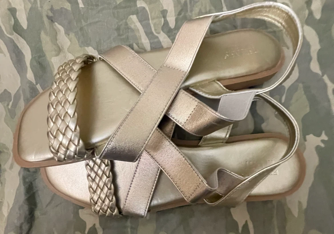 Size 10 wide Gold Braided Flat Sandals