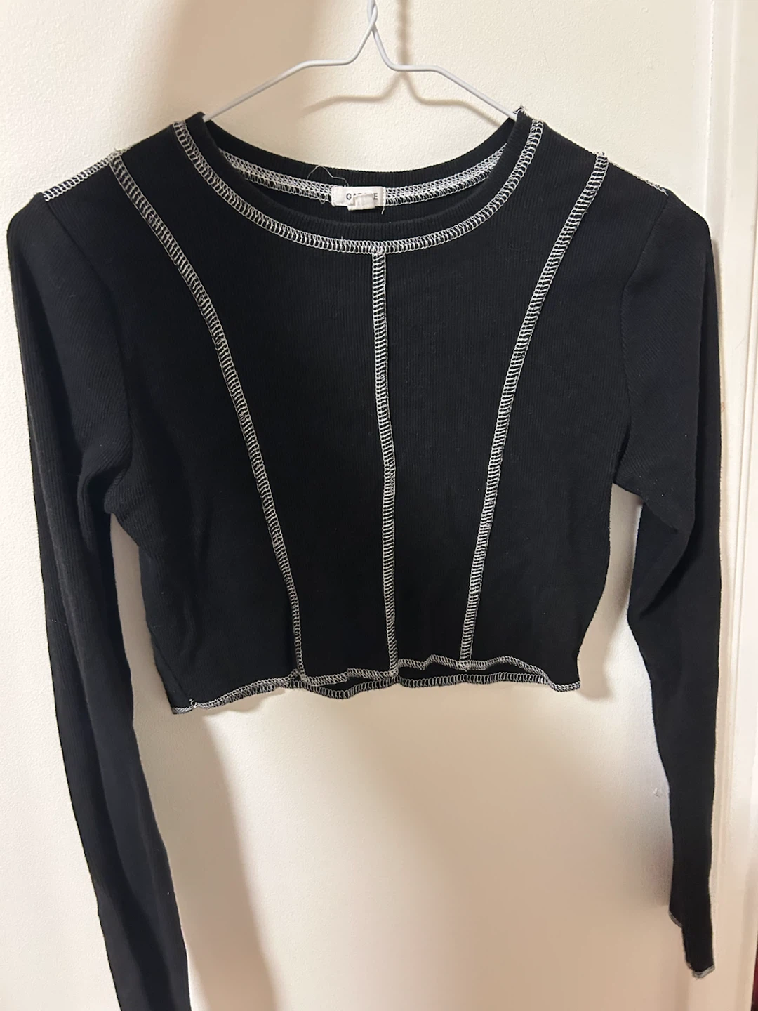 Garage Black Long Sleeve Cropped Top with Contrast Stitching
