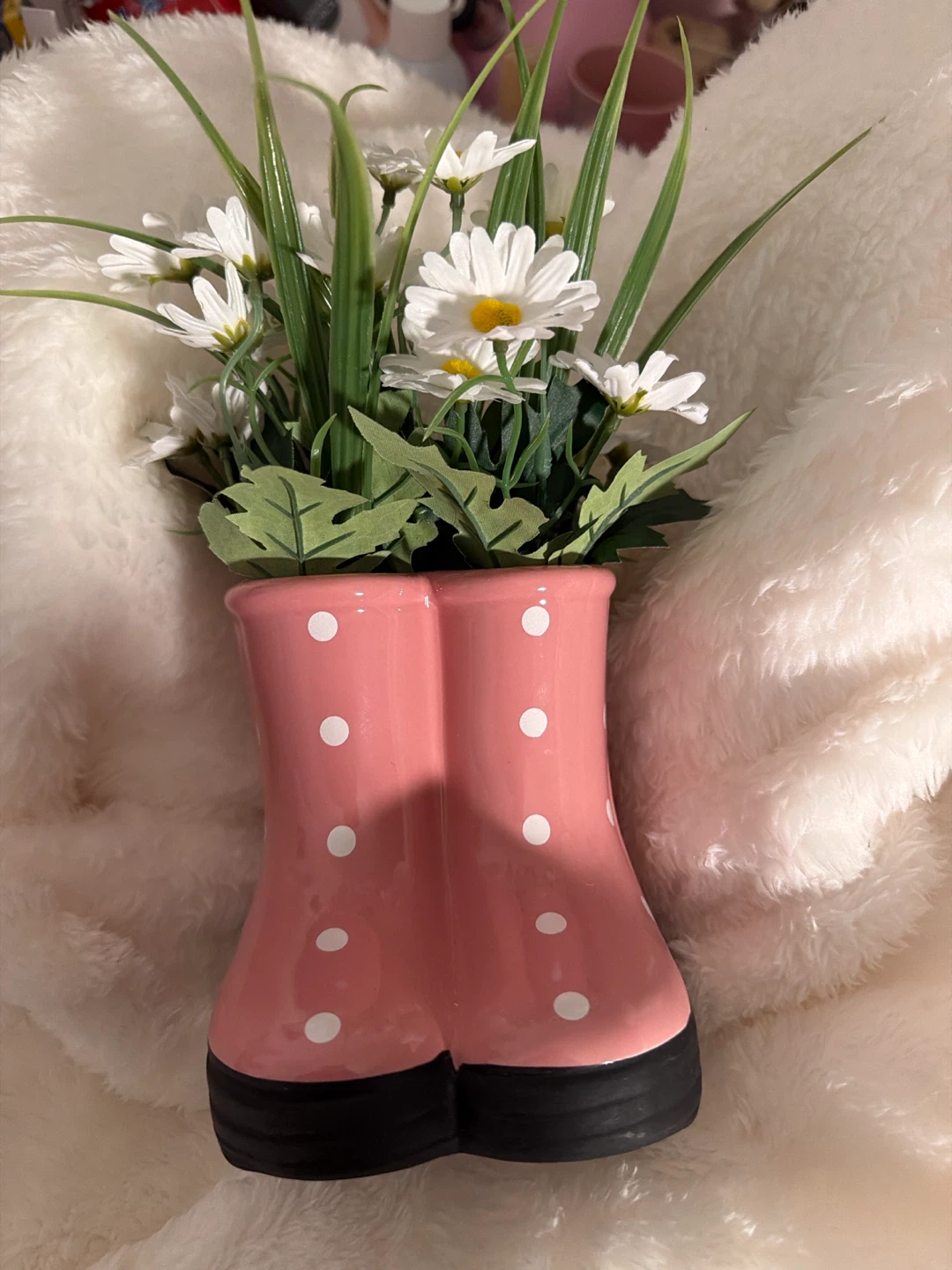 Pink Polka Dot Boot Vase with Faux Flowers