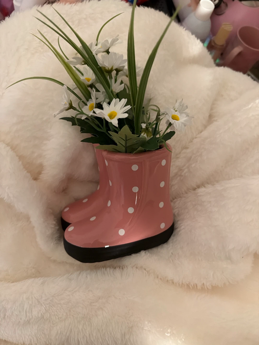 Pink Polka Dot Boot Vase with Faux Flowers - photo 2