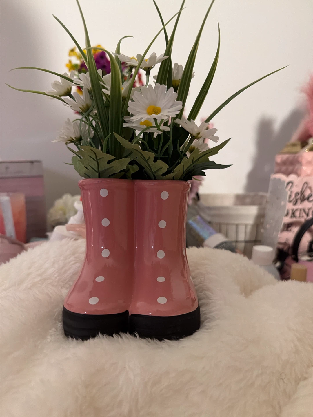 Pink Polka Dot Boot Vase with Faux Flowers - photo 3