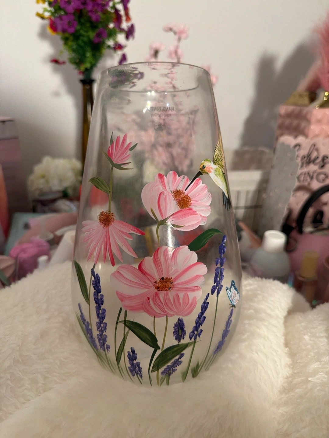Hand-Painted Glass Vase with Flowers and Hummingbird - photo 2