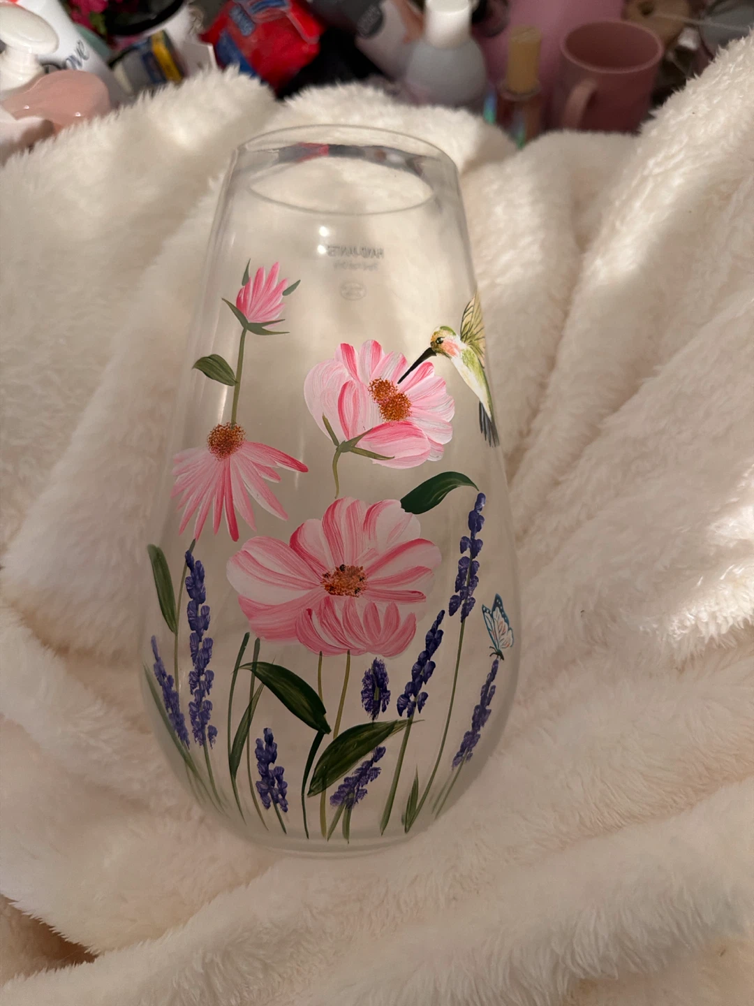 Hand-Painted Glass Vase with Flowers and Hummingbird - photo 3