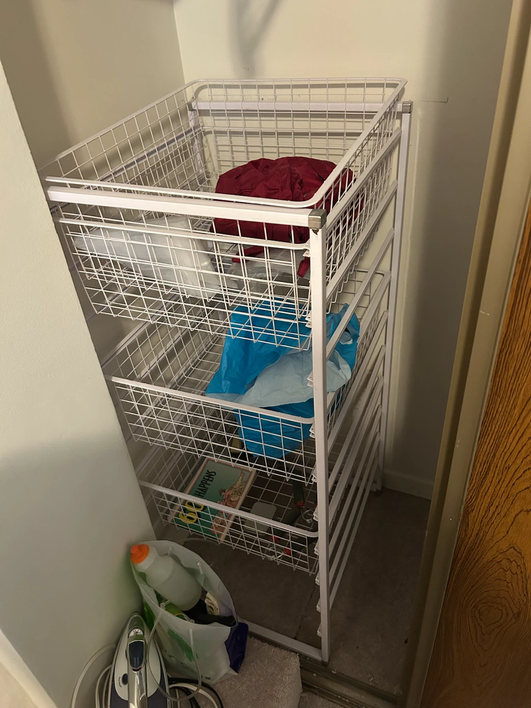 White Wire Storage Bins with Shelving Unit