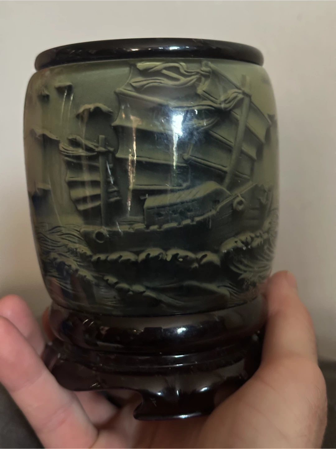 Vintage Chinese Faux Cinnabar Resin Junk Ship Brush Pot