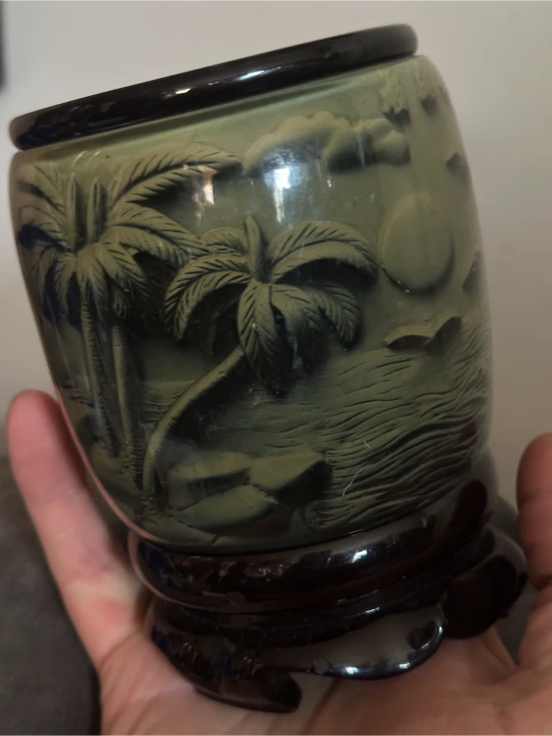Vintage Chinese Faux Cinnabar Resin Junk Ship Brush Pot - photo 4